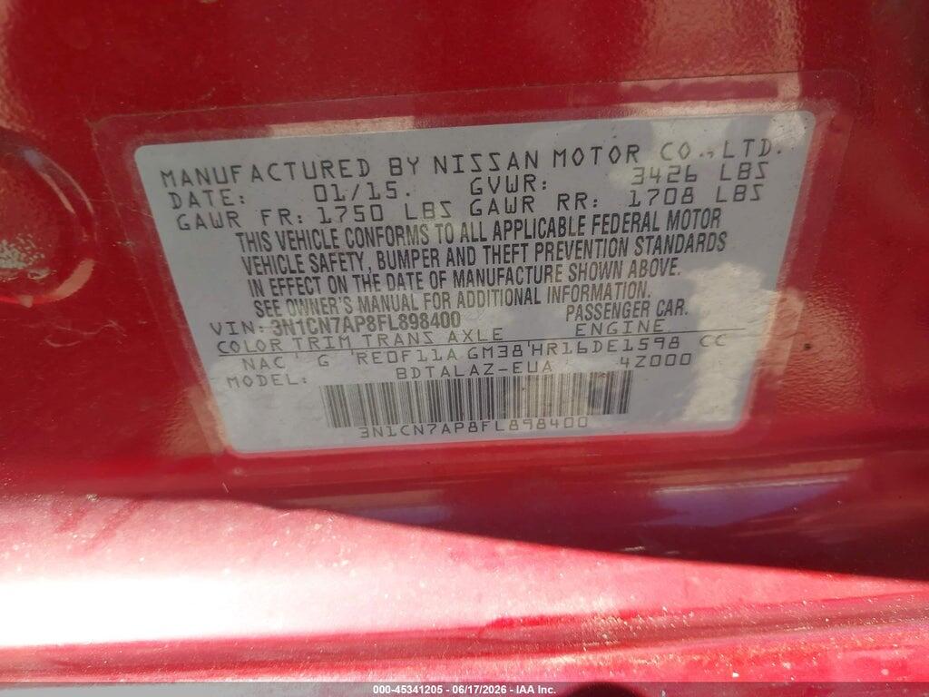 3N1CN7AP8FL898400 2015 NISSAN VERSA photo no. 9
