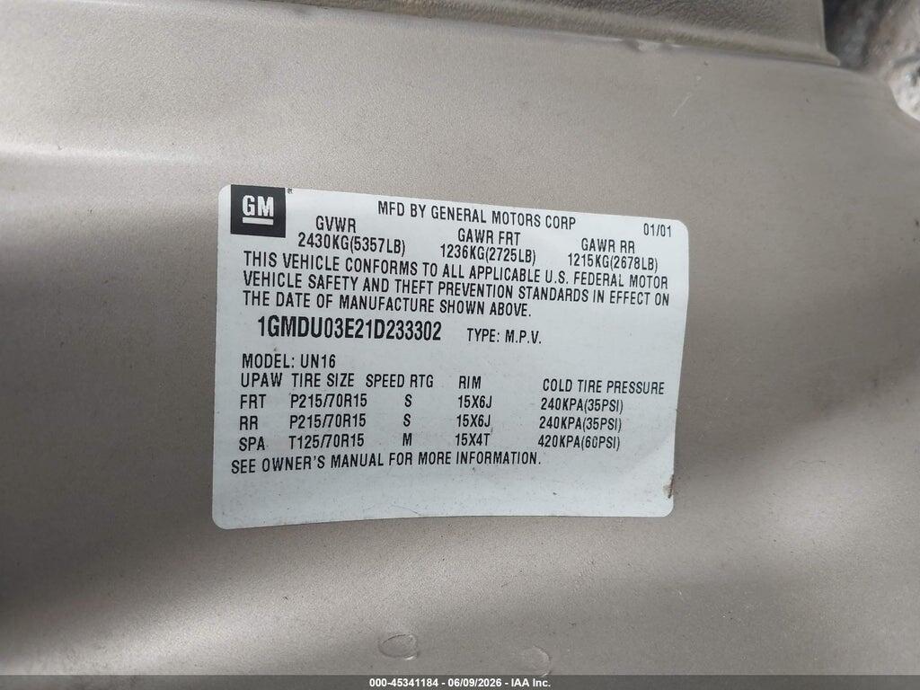 1GMDU03E21D233302 2001 PONTIAC MONTANA photo no. 9