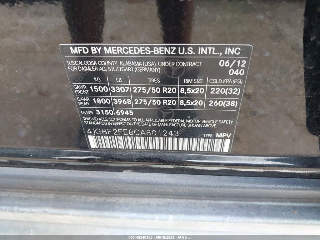 4JGBF2FE8CA801243 2012 MERCEDES-BENZ GL 350 BLUETEC photo no. 9