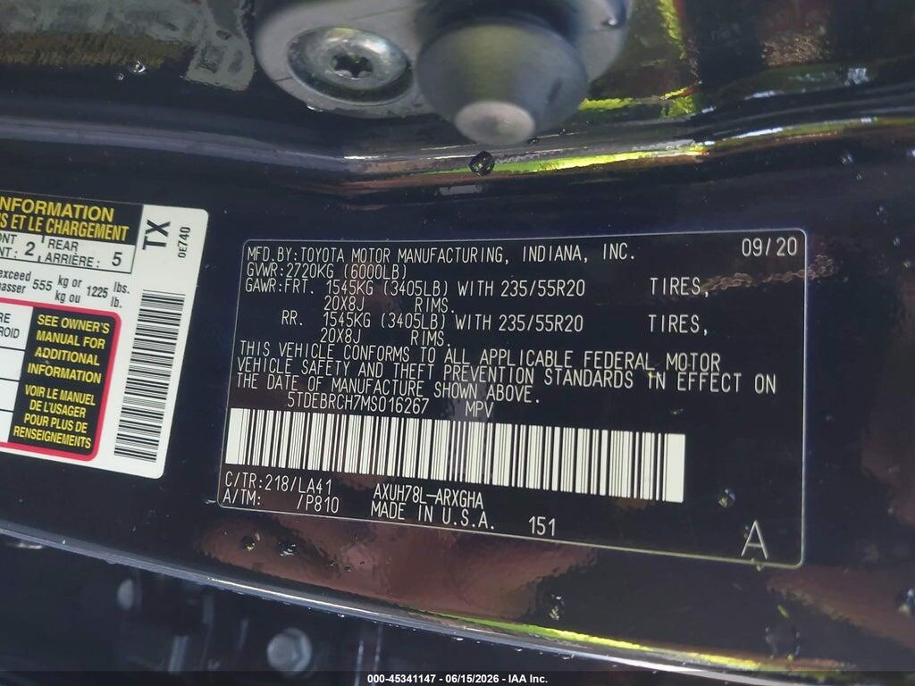 5TDEBRCH7MS016267 2021 TOYOTA HIGHLANDER photo no. 9