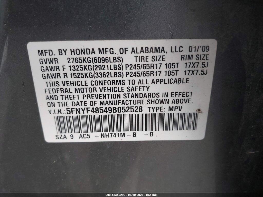 5FNYF48549B052528 2009 HONDA PILOT photo no. 9