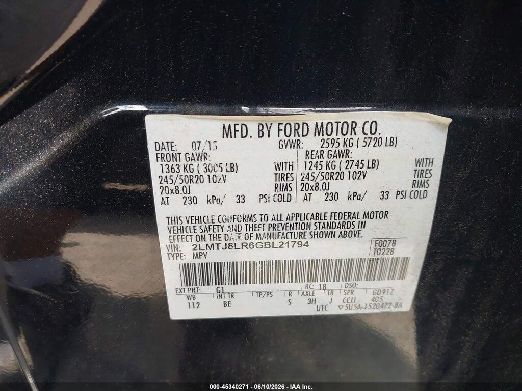 2LMTJ8LR6GBL21794 2016 LINCOLN MKX photo no. 9