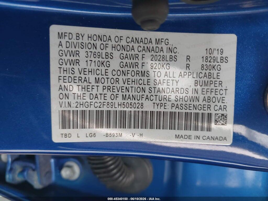 2HGFC2F89LH505028 2020 HONDA CIVIC photo no. 9
