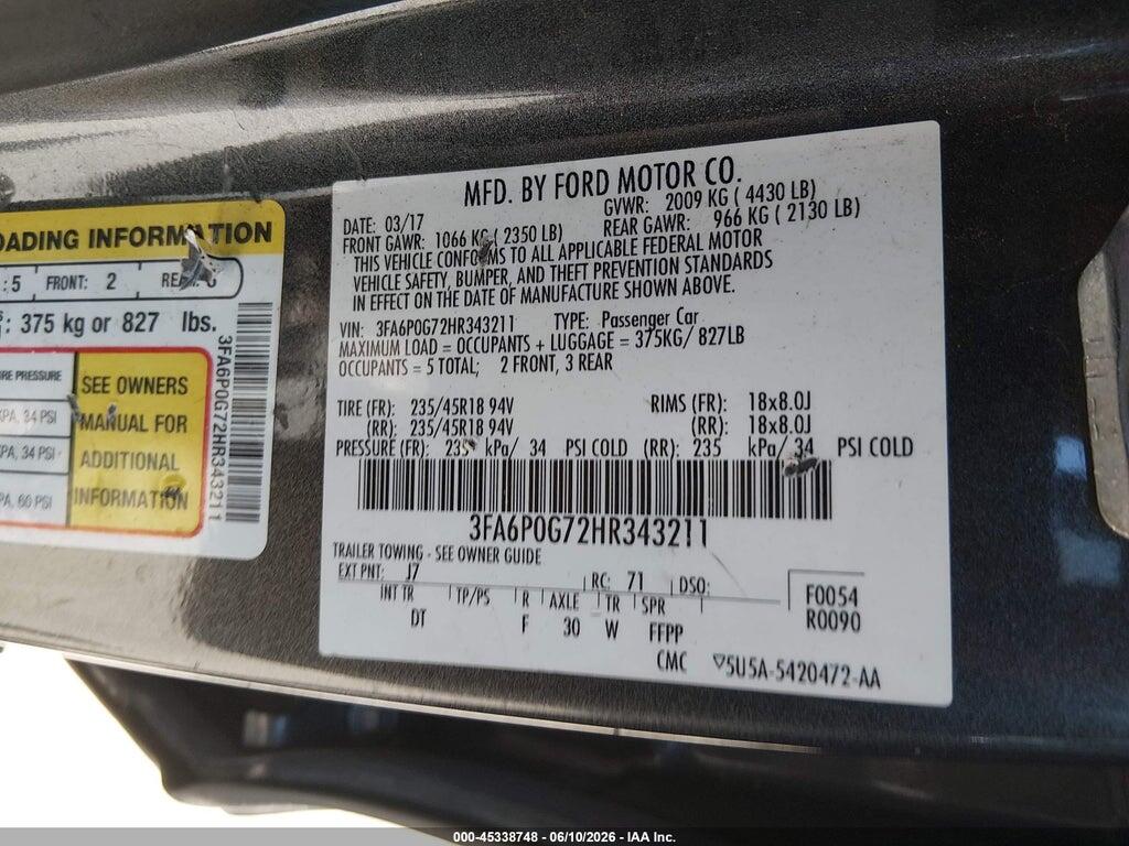 3FA6P0G72HR343211 2017 FORD FUSION photo no. 9