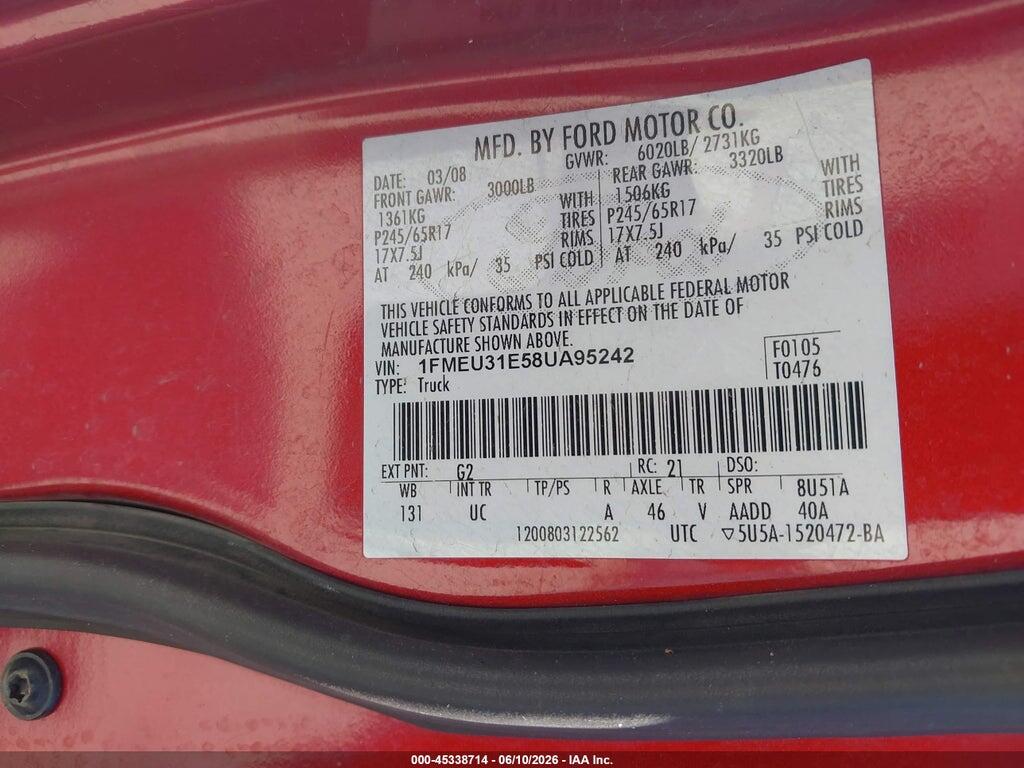 1FMEU31E58UA95242 2008 FORD EXPLORER SPORT TRAC photo no. 9