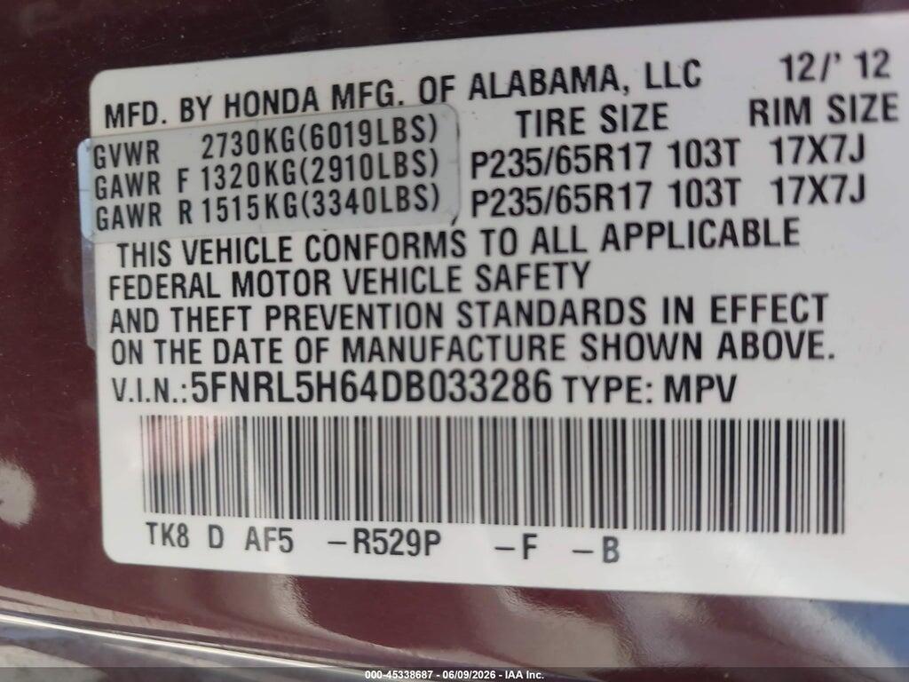 5FNRL5H64DB033286 2013 HONDA ODYSSEY photo no. 9