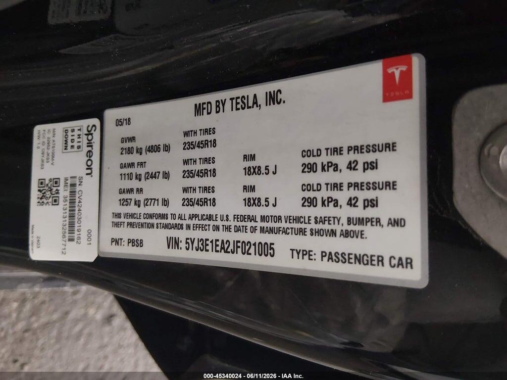 5YJ3E1EA2JF021005 2018 TESLA MODEL 3 photo no. 9