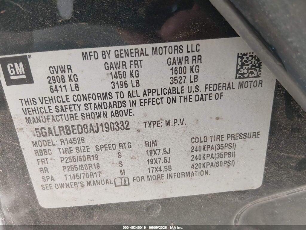 5GALRBED8AJ190332 2010 BUICK ENCLAVE photo no. 9