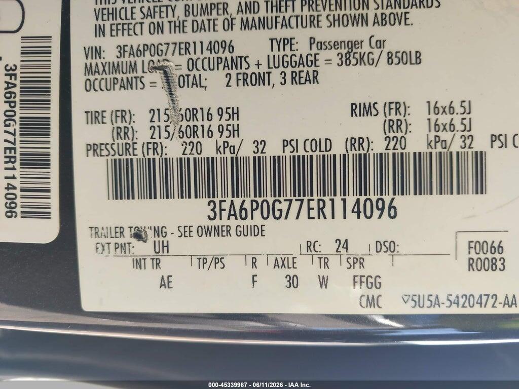3FA6P0G77ER114096 2014 FORD FUSION photo no. 9