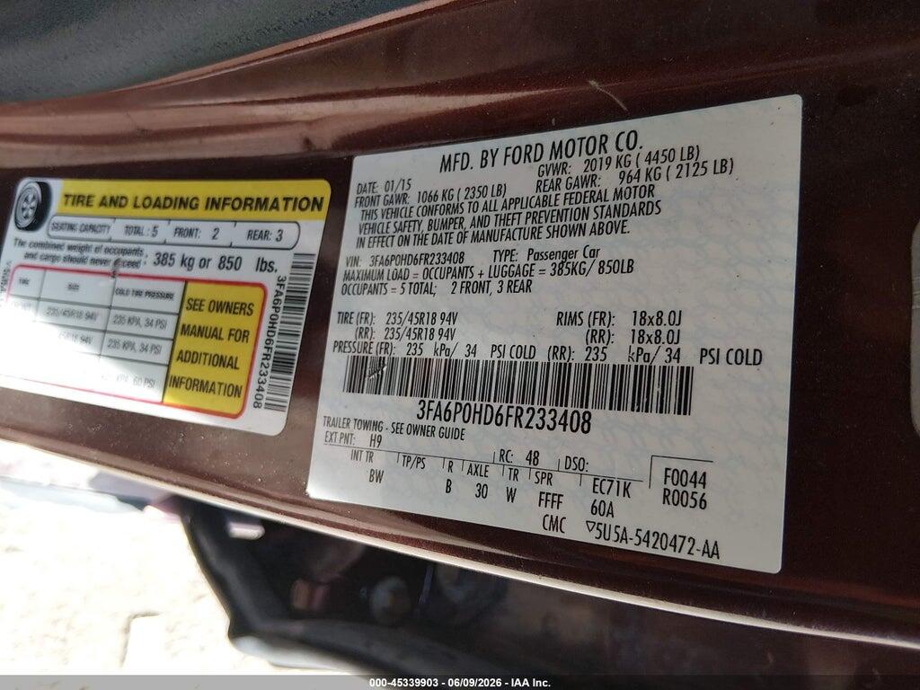 3FA6P0HD6FR233408 2015 FORD FUSION photo no. 9