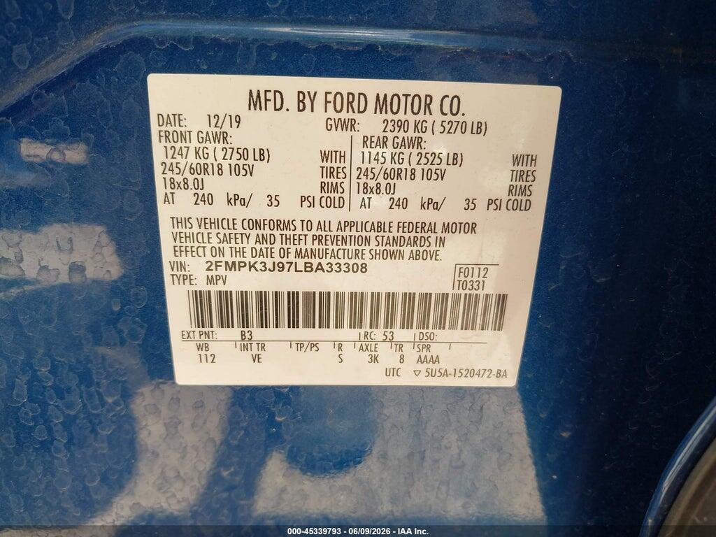 2FMPK3J97LBA33308 2020 FORD EDGE photo no. 9