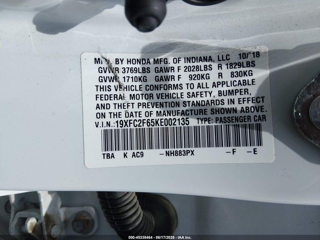 19XFC2F65KE002135 2019 HONDA CIVIC photo no. 9