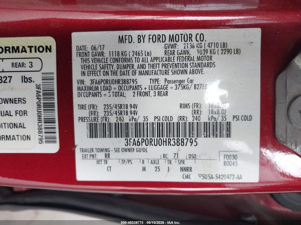 3FA6P0RU0HR388795 2017 FORD FUSION HYBRID photo no. 9