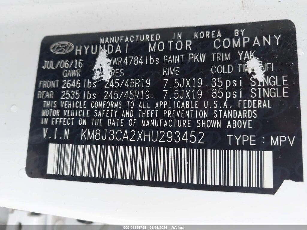 KM8J3CA2XHU293452 2017 HYUNDAI TUCSON photo no. 9