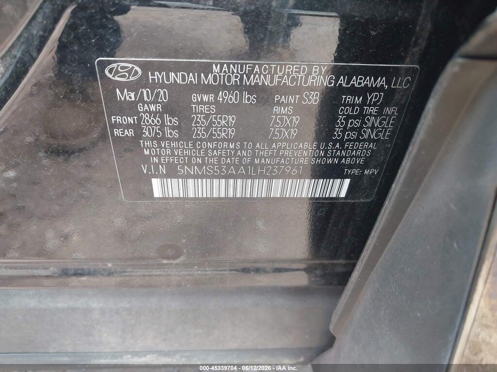 5NMS53AA1LH237961 2020 HYUNDAI SANTA FE photo no. 9