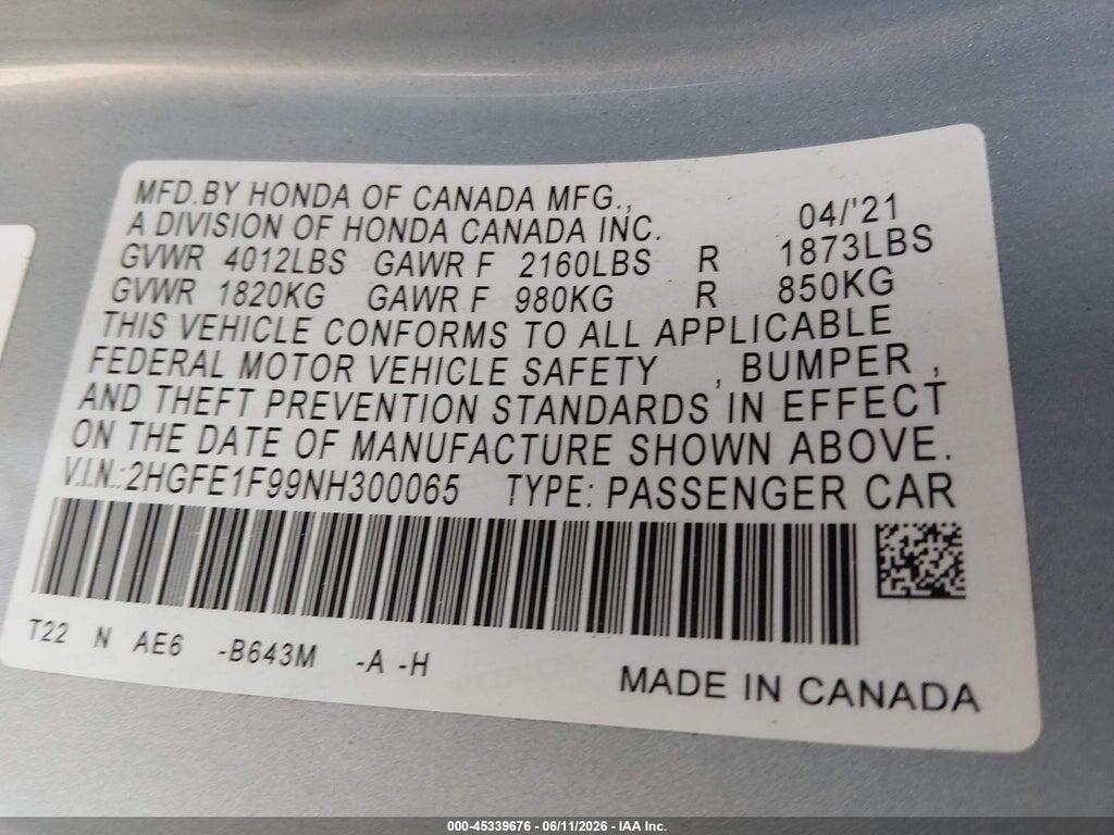 2HGFE1F99NH300065 2022 HONDA CIVIC photo no. 9
