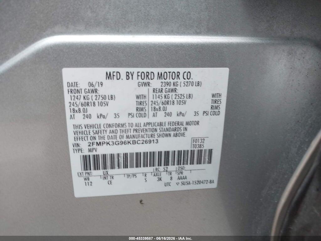 2FMPK3G96KBC26913 2019 FORD EDGE photo no. 9