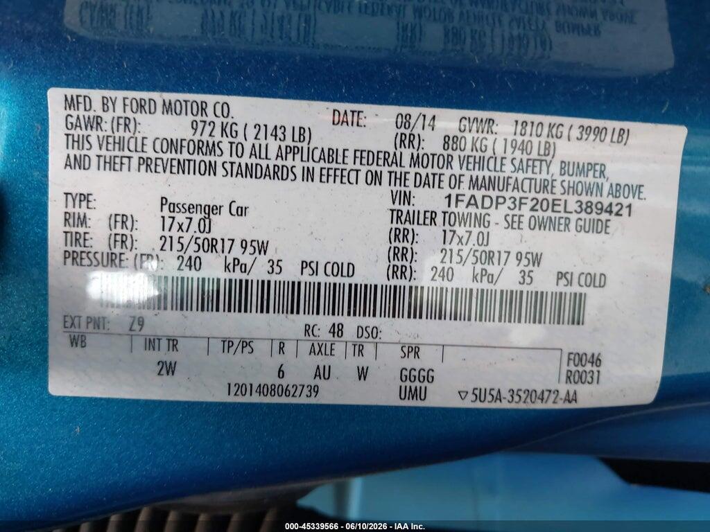 1FADP3F20EL389421 2014 FORD FOCUS photo no. 9