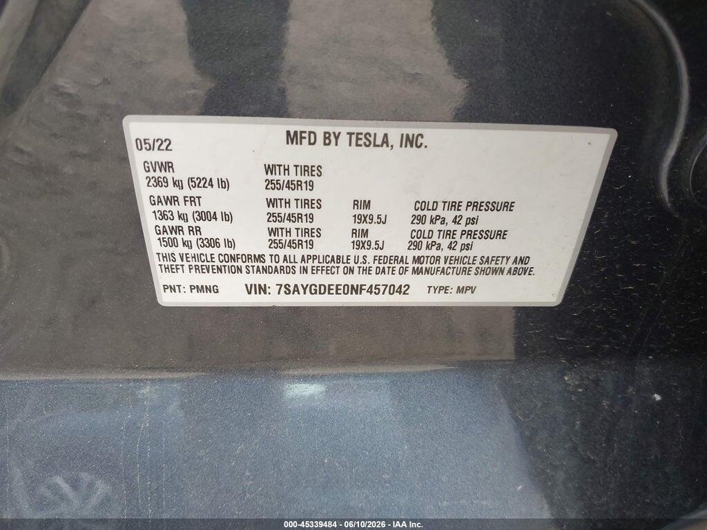 7SAYGDEE0NF457042 2022 TESLA MODEL Y photo no. 9