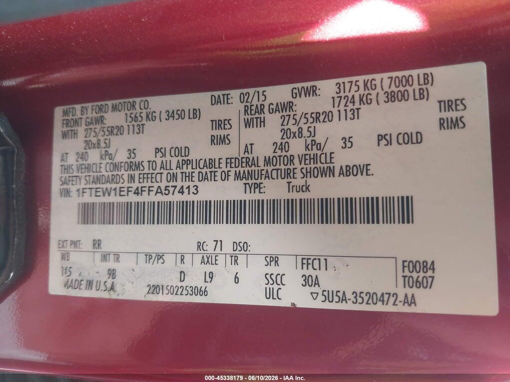 1FTEW1EF4FFA57413 2015 FORD F-150 photo no. 9