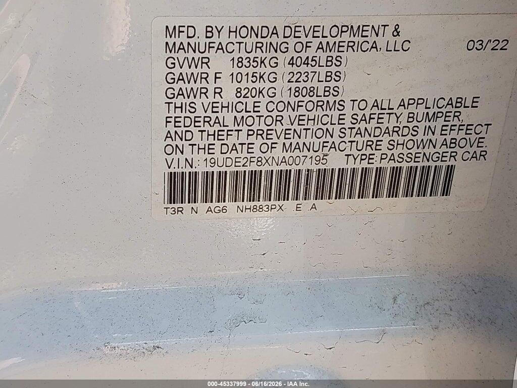 19UDE2F8XNA007195 2022 ACURA ILX photo no. 9