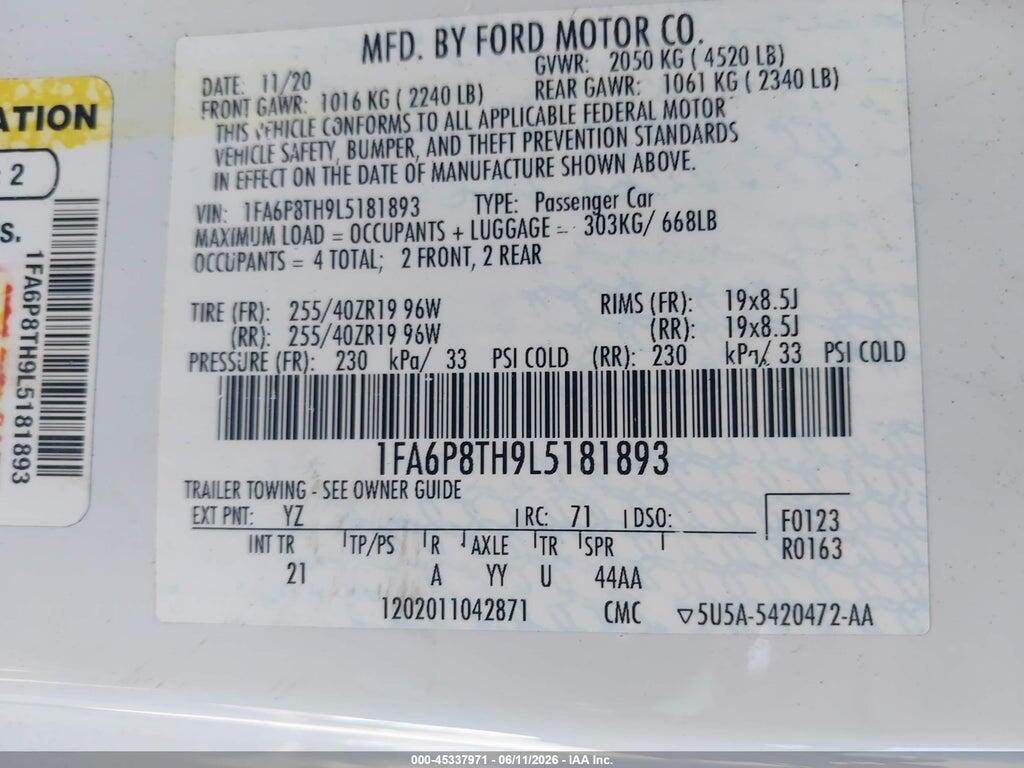 1FA6P8TH9L5181893 2020 FORD MUSTANG photo no. 9