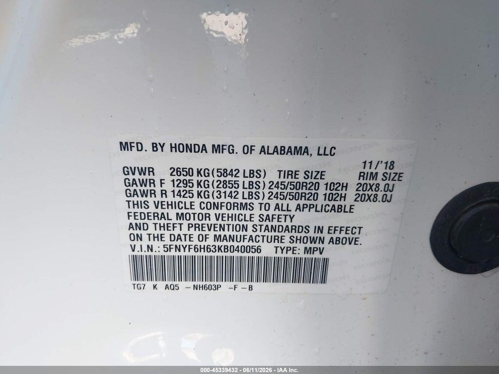 5FNYF6H63KB040056 2019 HONDA PILOT photo no. 9