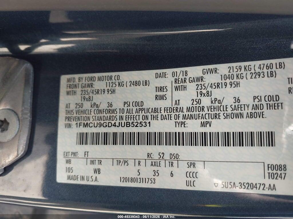 1FMCU9GD4JUB52531 2018 FORD ESCAPE photo no. 9