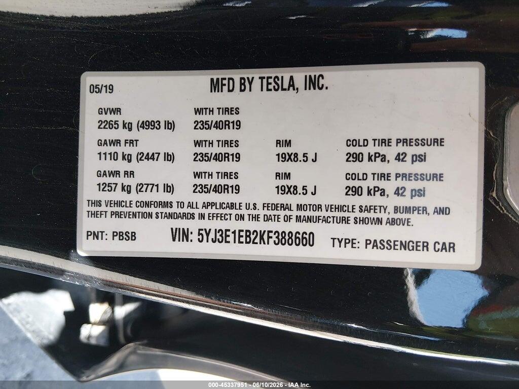 5YJ3E1EB2KF388660 2019 TESLA MODEL 3 photo no. 9