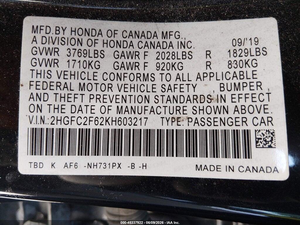 2HGFC2F62KH603217 2019 HONDA CIVIC photo no. 9