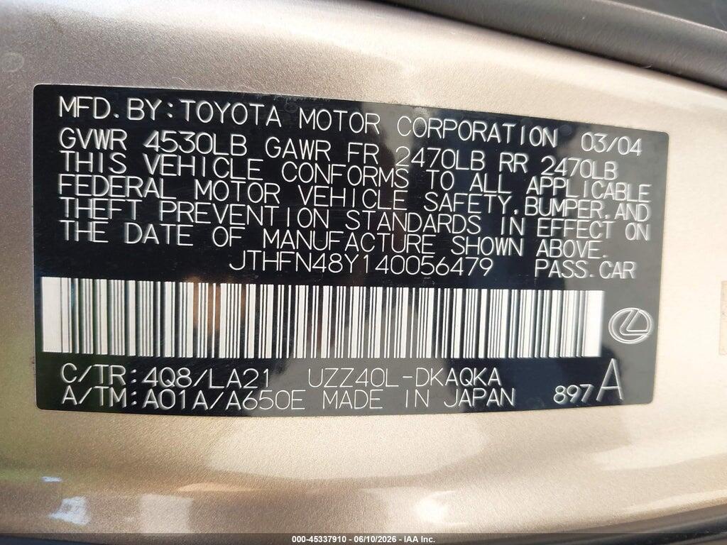 JTHFN48Y140056479 2004 LEXUS SC 430 photo no. 9
