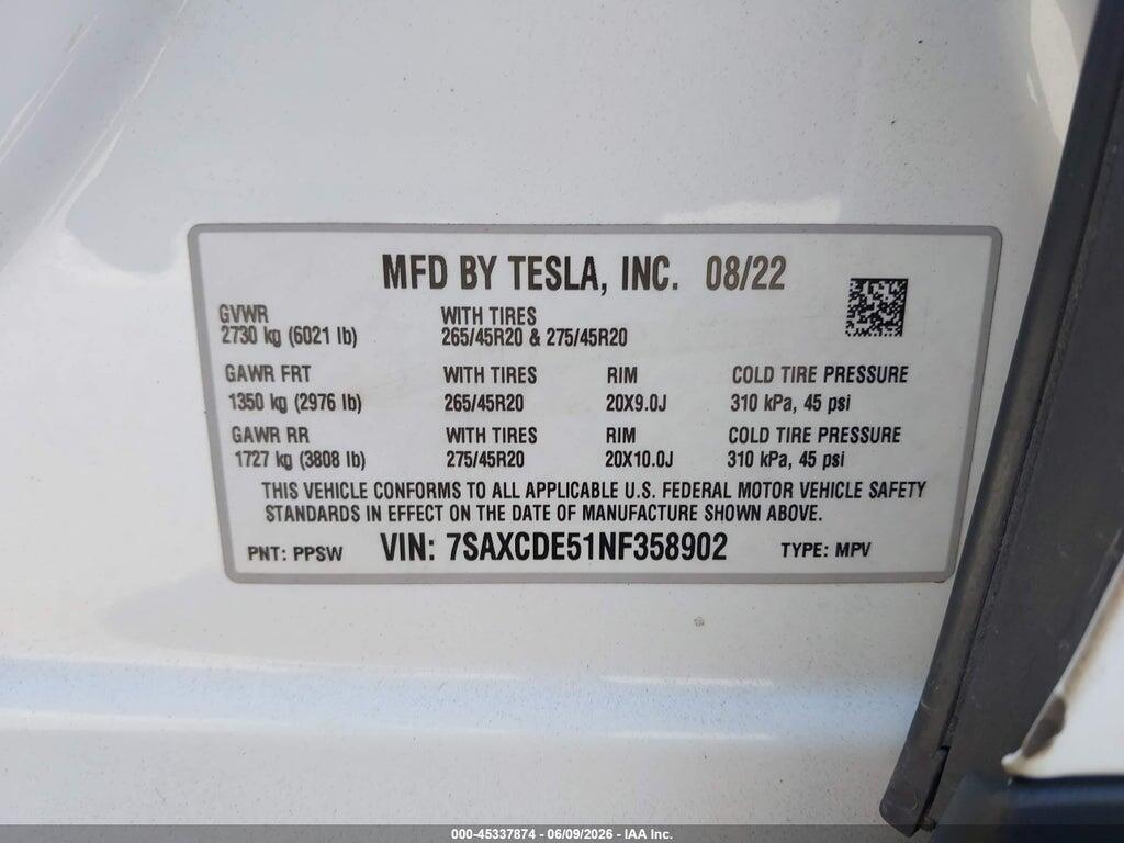 7SAXCDE51NF358902 2022 TESLA MODEL X photo no. 9