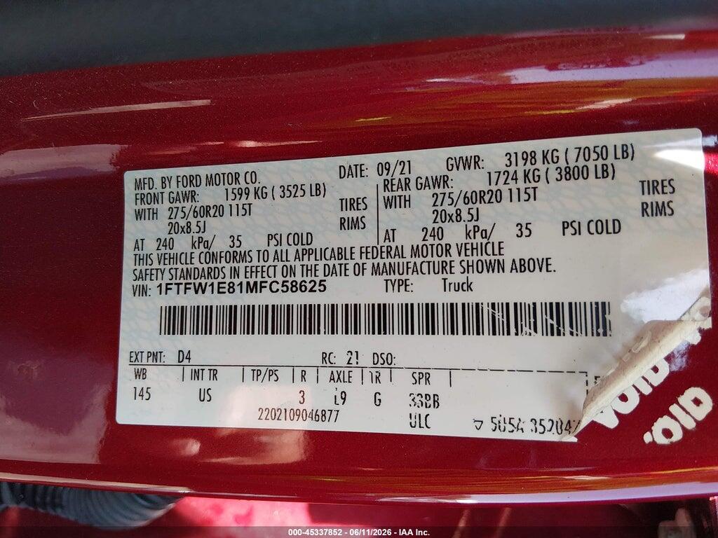1FTFW1E81MFC58625 2021 FORD F-150 photo no. 9