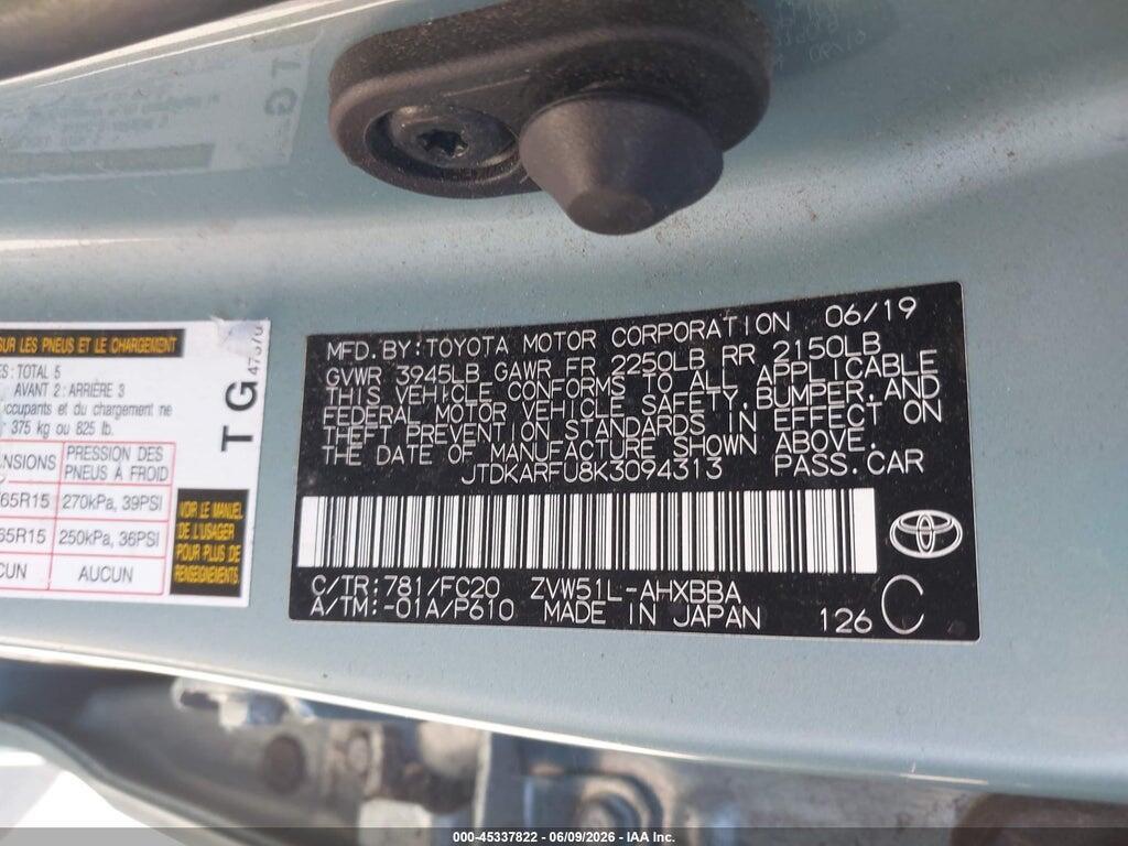 JTDKARFU8K3094313 2019 TOYOTA PRIUS photo no. 9