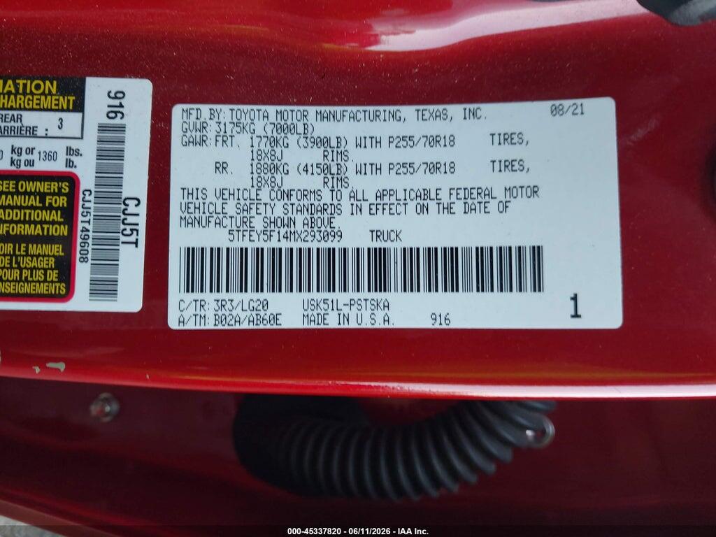 5TFEY5F14MX293099 2021 TOYOTA TUNDRA photo no. 9