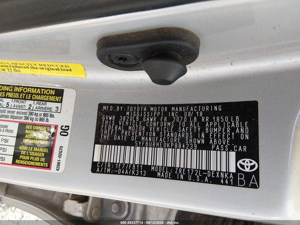 5YFBURHE0KP884239 2019 TOYOTA COROLLA photo no. 9