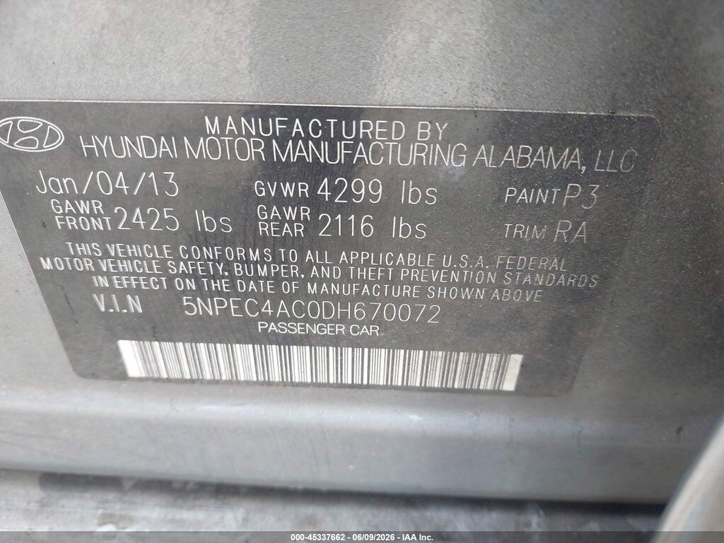 5NPEC4AC0DH670072 2013 HYUNDAI SONATA photo no. 9