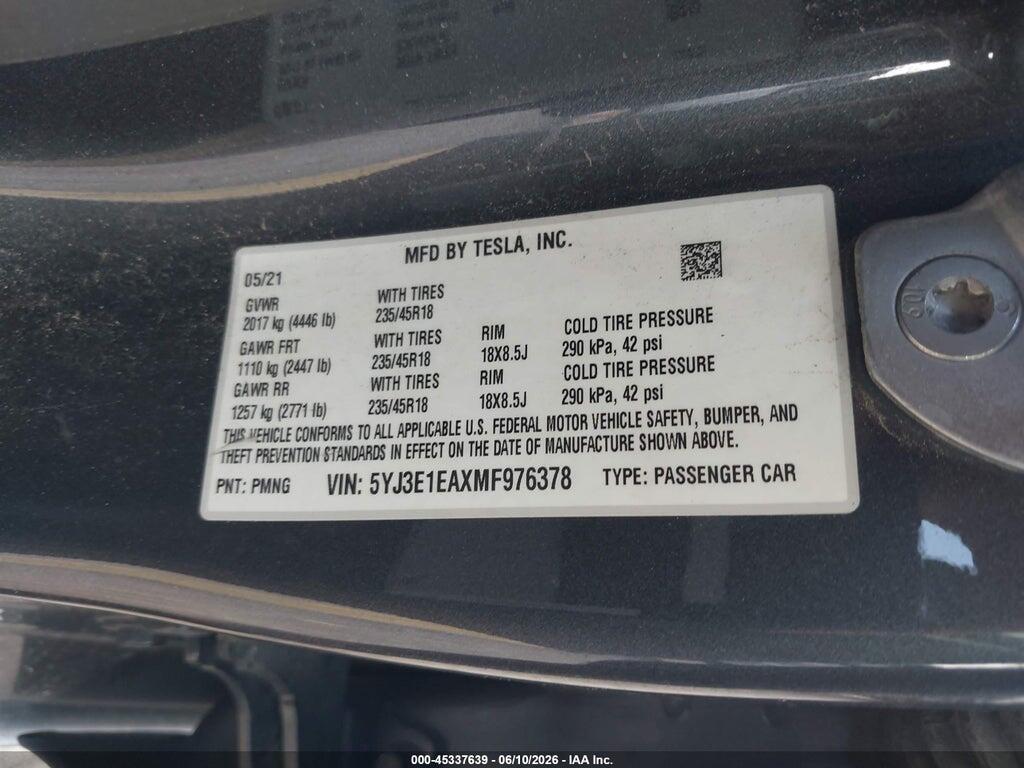 5YJ3E1EAXMF976378 2021 TESLA MODEL 3 photo no. 9
