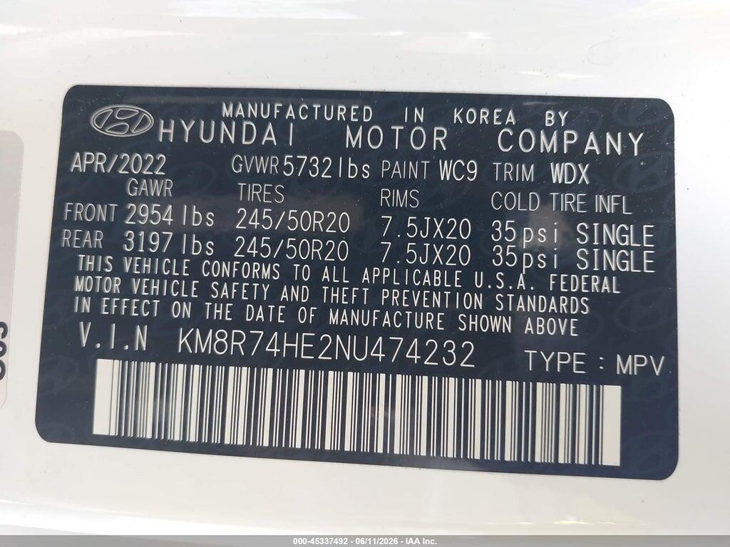 KM8R74HE2NU474232 2022 HYUNDAI PALISADE photo no. 9