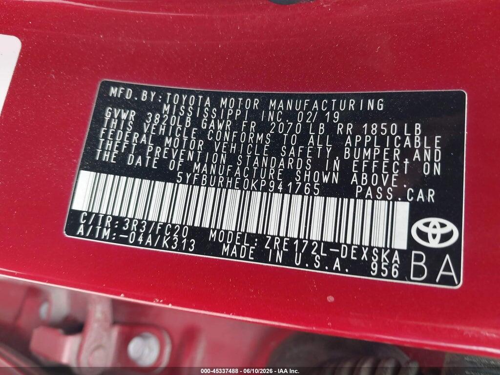 5YFBURHE0KP941765 2019 TOYOTA COROLLA photo no. 9