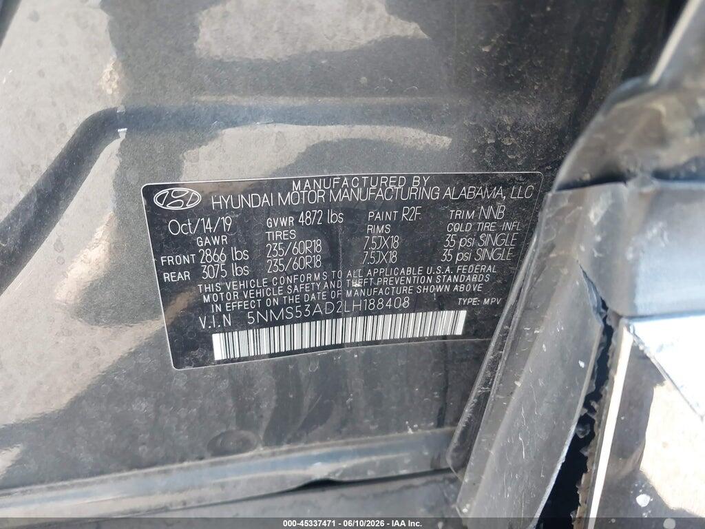 5NMS53AD2LH188408 2020 HYUNDAI SANTA FE photo no. 9
