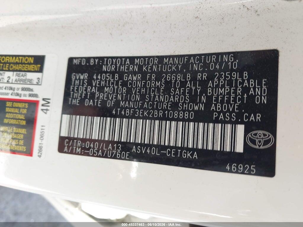 4T4BF3EK2BR108880 2011 TOYOTA CAMRY photo no. 9