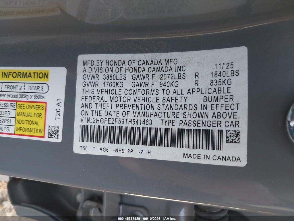 2HGFE2F59TH541463 2026 HONDA CIVIC photo no. 9