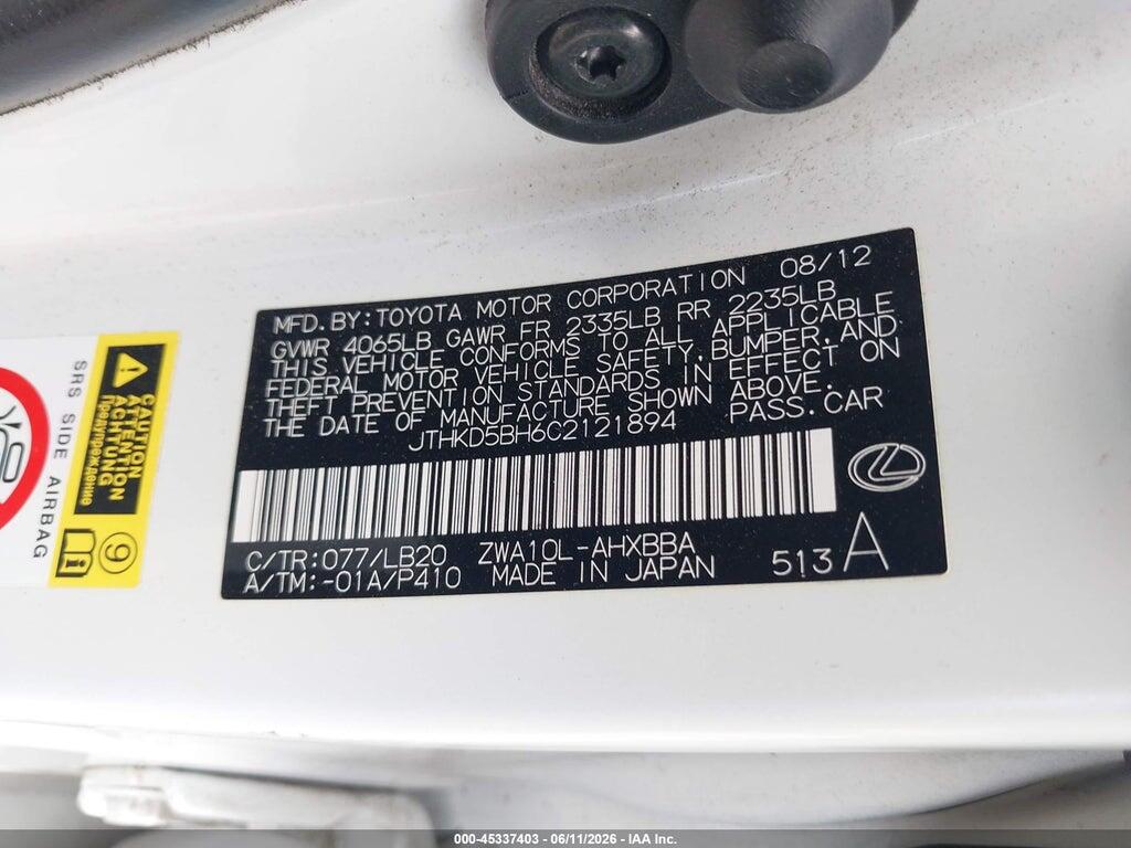 JTHKD5BH6C2121894 2012 LEXUS CT 200H photo no. 9