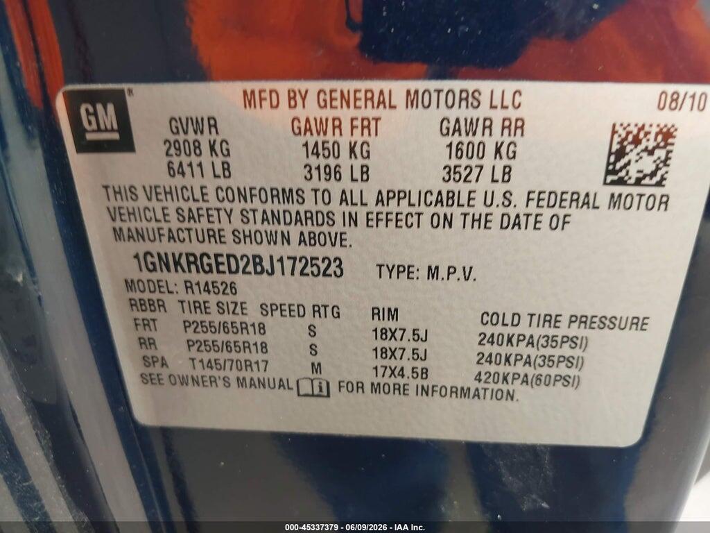 1GNKRGED2BJ172523 2011 CHEVROLET TRAVERSE photo no. 9