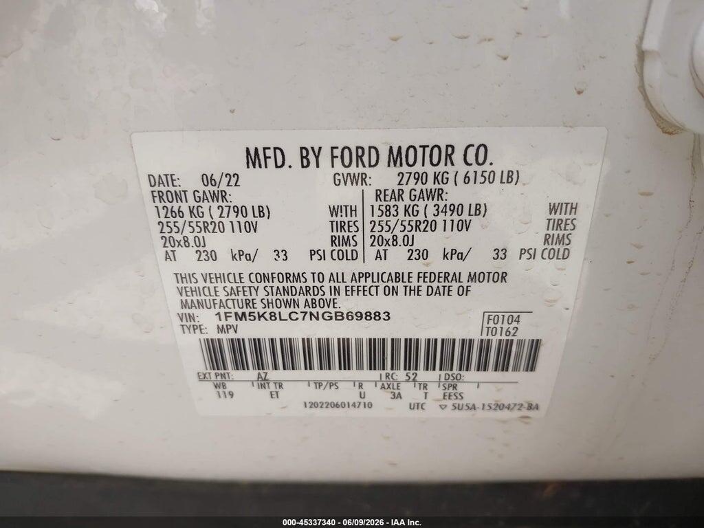 1FM5K8LC7NGB69883 2022 FORD EXPLORER photo no. 9