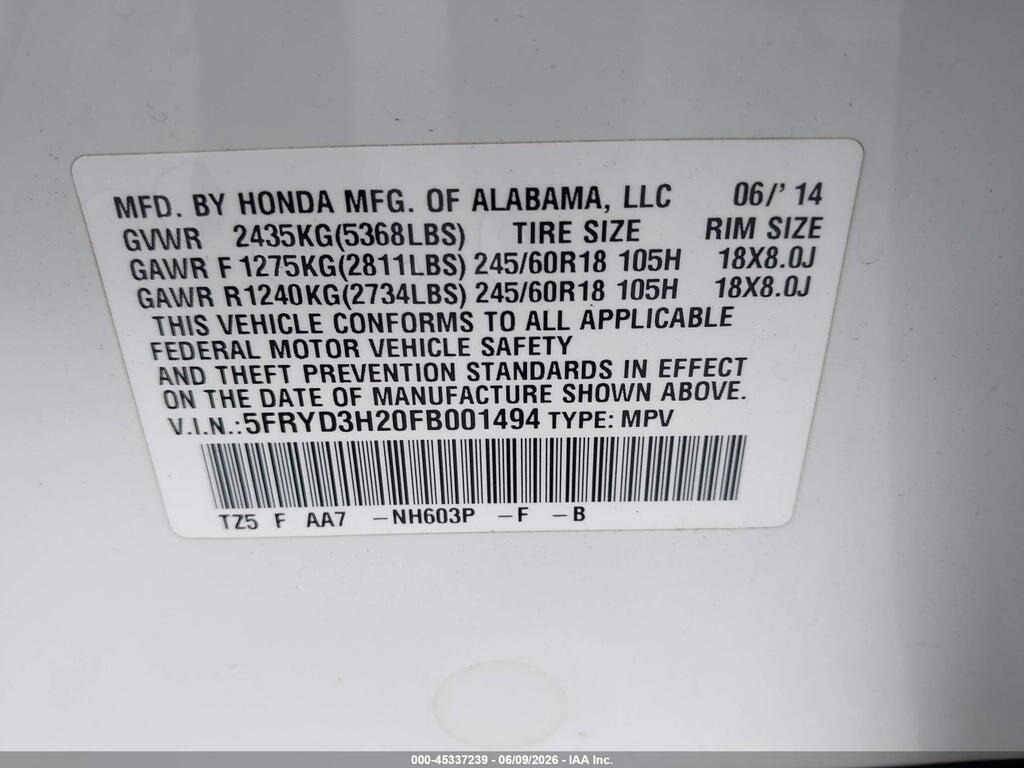5FRYD3H20FB001494 2015 ACURA MDX photo no. 9
