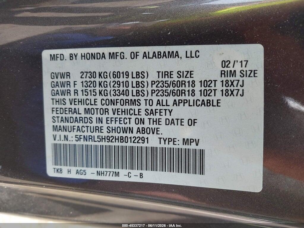 5FNRL5H92HB012291 2017 HONDA ODYSSEY photo no. 9