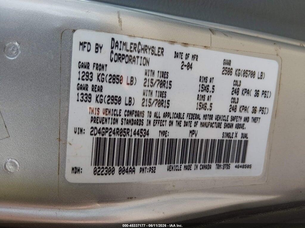 2D4GP24R05R144534 2005 DODGE GRAND CARAVAN photo no. 9