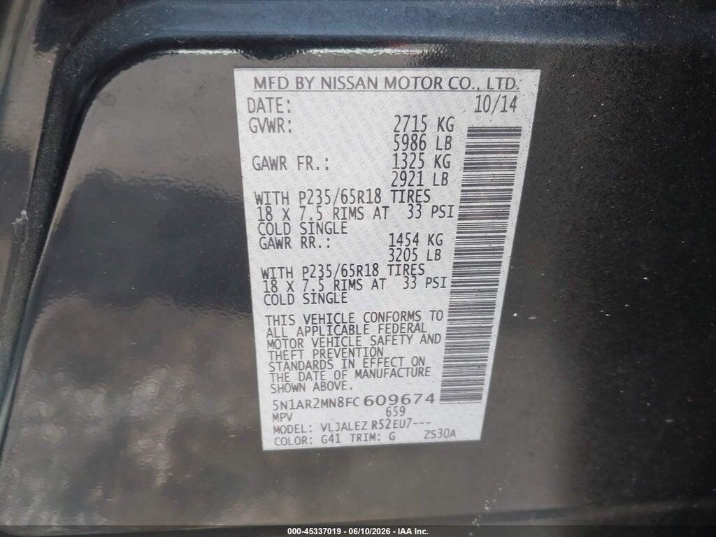 5N1AR2MN8FC609674 2015 NISSAN PATHFINDER photo no. 9
